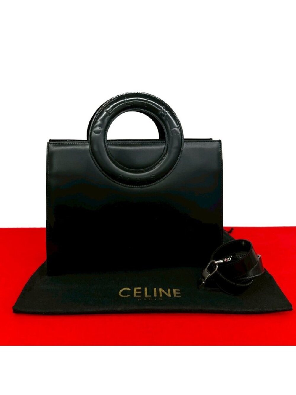 Celine Circle Logo Leather 2-Way Shoulder Bag Mini Tote Black